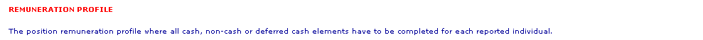 Text Box: REMUNERATION PROFILE
The position remuneration profile where all cash, non-cash or deferred cash elements have to be completed for each reported individual.
